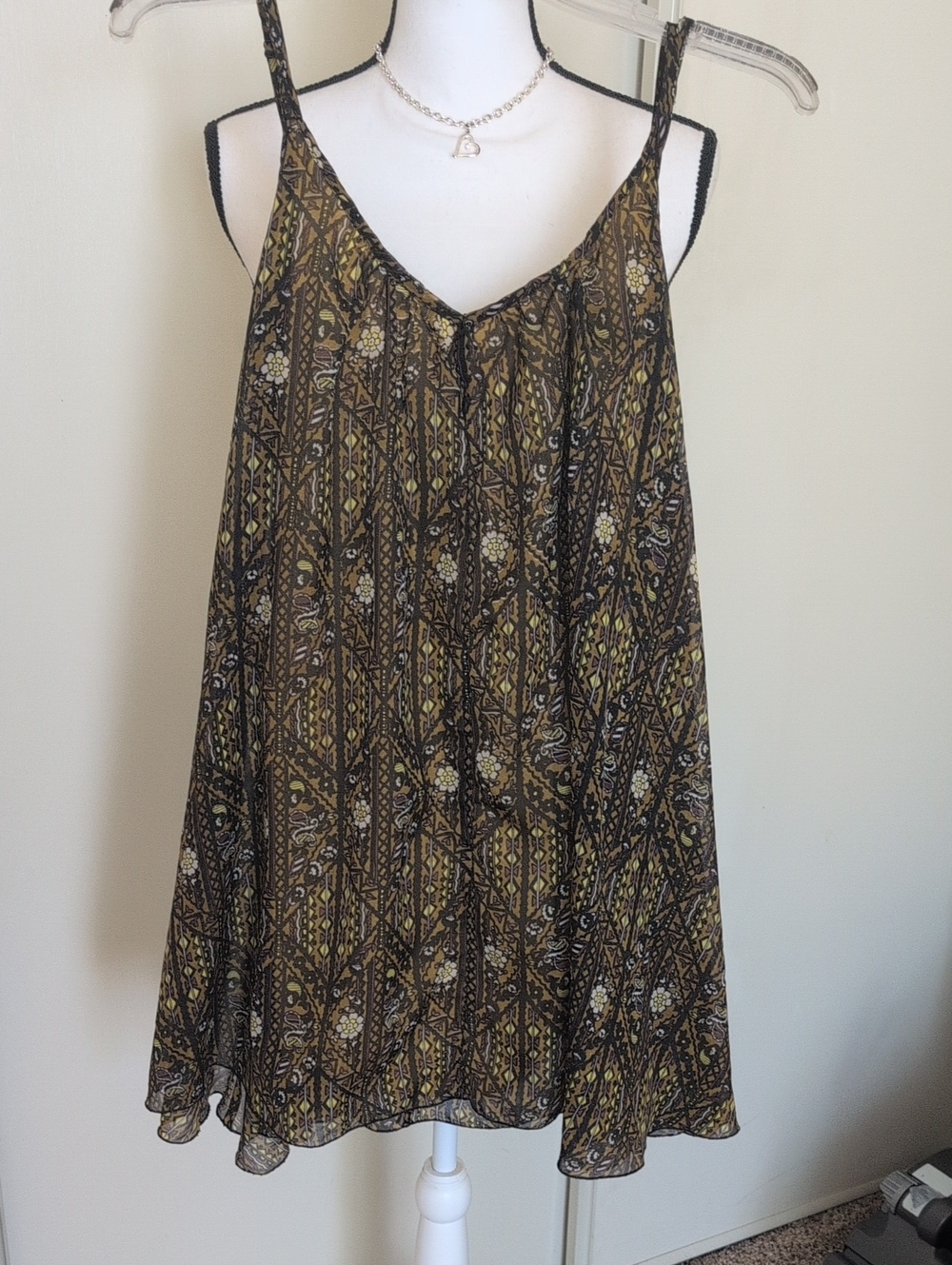 RVCA Olive and Brown Printed Spaghetti Strap Cami